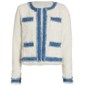 L’agence Agnes Tweed Open Front Cardigan Jacket Blazer Ivory Pomona White Blue